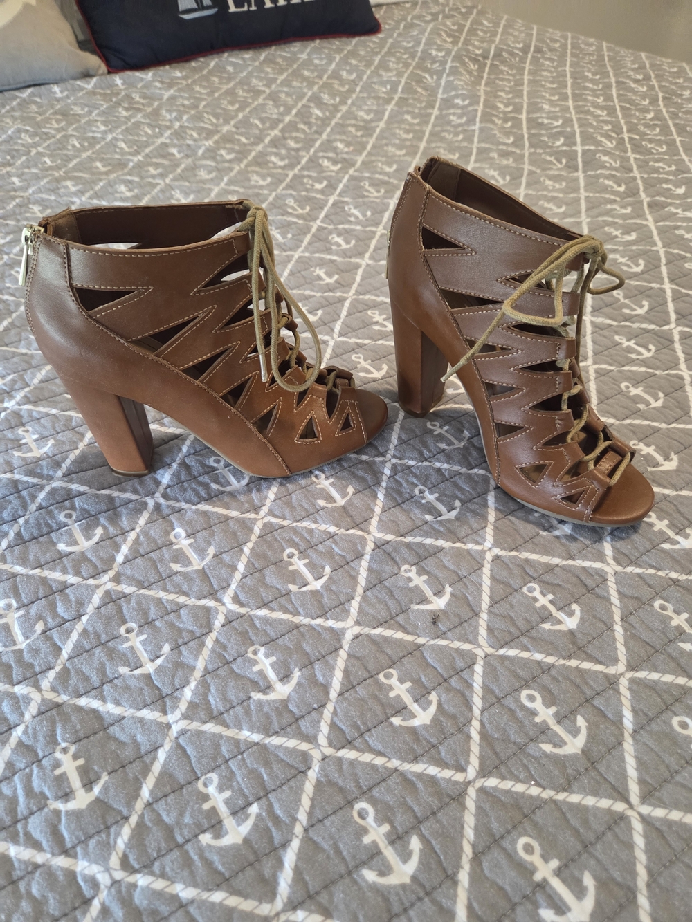 Brown Lace-Up Cutout High Heel Booties